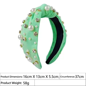Mintgrüner Stoffhaarreif mit Knoten, Perlen und Strass für Damen, Größe 16x13x5,5cm