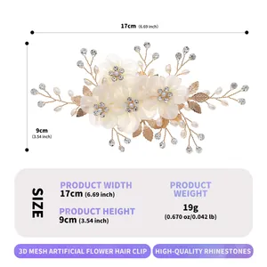Barrette florale élégante avec fleurs en maille, perles et strass pour grandes occasions