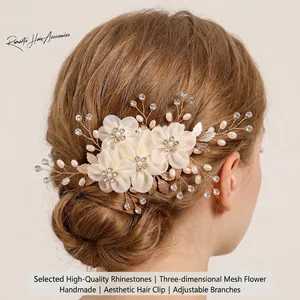Pince à Cheveux Fleurs Blanches Fait à la Main Avec Fausse Künstliche Perle Strass Feuille Alliage Doré pour Mariage Mariée Femme Accessoires