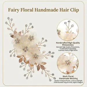 Pince à cheveux fleurie blanche avec strass et perles pour mariages et soirées