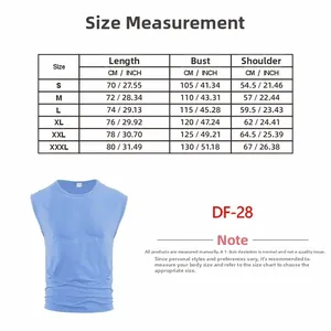 Size chart for men's sleeveless T-shirt DF-28 showing length, bust, and shoulder measurements