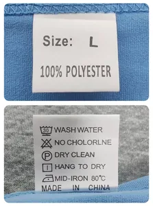 Detail of sizing and 100% polyester care label on summer sleeveless t-shirt for men