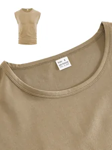 Detail of khaki crew neck sleeveless t-shirt showing polyester fabric texture and tag