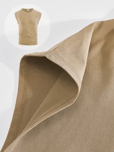 Detailed view of shoulder seams and knit texture on khaki sleeveless cotton t-shirt