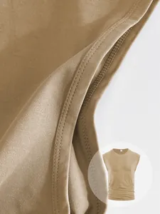 Macro detail of camel sleeveless t-shirt showing premium knitted texture and double stitching