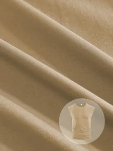 Macro shot of breathable khaki sleeveless T-shirt fabric showing fine texture and weave