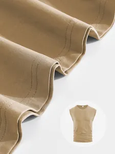 Detailed close-up of double-stitched hem on a khaki men's sleeveless t-shirt