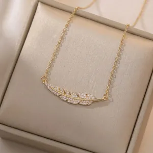 Collier Pendentif Plume Feuille Acier Inoxydable Zircon Incrusté Bijoux Élégants Simples Pour Femmes