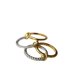 Interlocking multi-layer ring set with gold finish and sparkling pave crystals