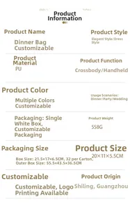 Detailed size specifications for the PU leather evening clutch with dimensions and weight