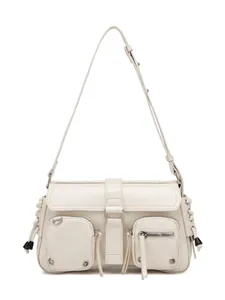 Creamy white faux leather multi-pocket baguette shoulder bag with adjustable strap