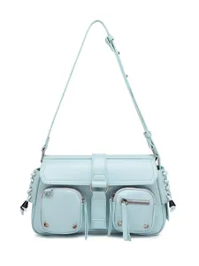 Light blue multi-pocket faux leather shoulder bag with silver buckle and braided detail