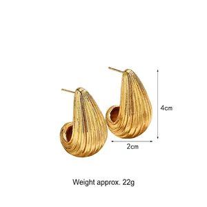 18k gold plated stainless steel teardrop earrings with striped texture and 4cm drop