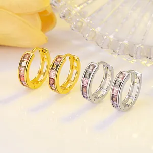 S925 silver huggie earrings with colorful square zircon stones in gold and silver finish