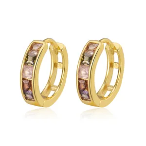 Detailed view of S925 silver gold-plated hoop earrings with multi-colored square gemstones