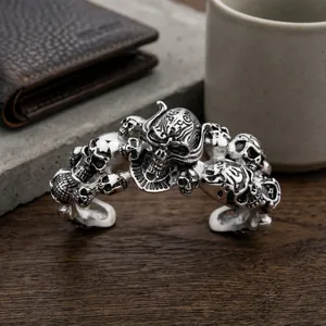 Skull Cuff Bangle Men Stainless Steel Punk Gothic Vintage Oxidized Metal Jewelry Hypoallergenic Hip Hop