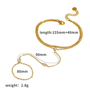 Bracciale ad anello dorato in acciaio inossidabile con zirconi e tripla catena