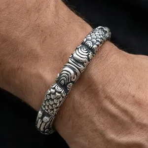 Vintage silver plated cuff bracelet with auspicious cloud patterns and Pixiu engravings