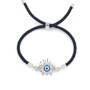 Pulsera ajustable de cordón negro ojo turco con colgante plateado y detalle azul