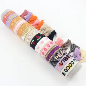 Bohemian Embroidered Woven Friendship Bracelet With Tassels Polyester Nice Smile Love Letter Pattern Adjustable Wristband For Women Teens