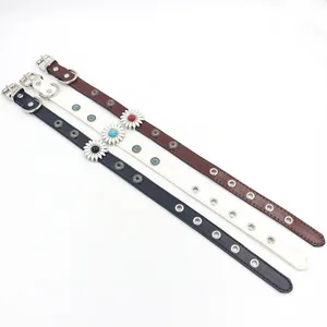 British style leather chokers with metal rivets and turquoise floral charm for women