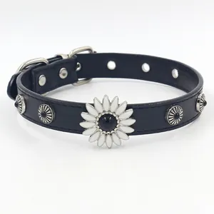 Vintage PU Leather Choker Necklace Alloy Daisy Flower Turquoise Studded Rivets Punk Gothic Adjustable Neck Strap For Women