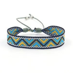 Bohemian hand-woven bracelet with geometric wave pattern and adjustable cord