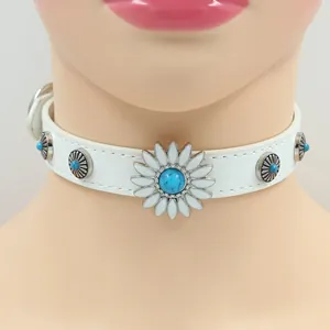 Detailed close-up of white leather choker with turquoise flower and metallic rivets