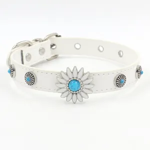 White leather choker with daisy floral motif and turquoise rivets for women
