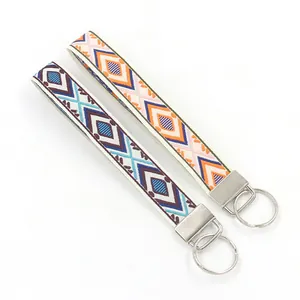 Ethnic Geometric Embroidery Webbing Keychain Wristlet Bohemian Diamond Pattern Polyester Metal Key Ring Bag Charm For Women