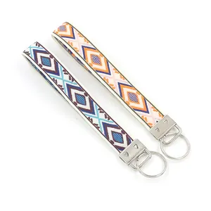 Bohemian geometric diamond embroidered wristlet keychain set with metal ring