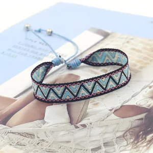 Macro detail of Bohemian woven bracelet featuring colorful geometric jacquard patterns
