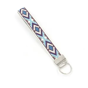 Ethnic geometric embroidered wrist strap keychain with stainless steel ring for keys