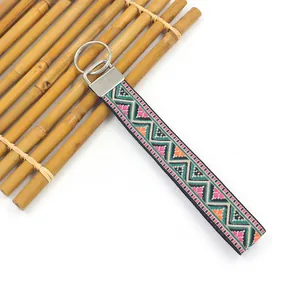 Dettaglio del portachiavi jacquard boho con motivi geometrici colorati e ricami etnici