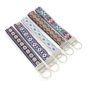 Ethnic Embroidery Wristlet Keychain Bohemian Geometric Floral Polyester Strap Wristband Handmade Key Ring Bag Pendant
