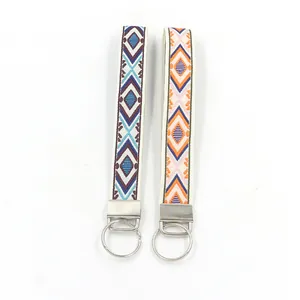 Detail of two ethnic embroidered wrist lanyards with geometric patterns and metal rings