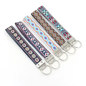 Five assorted bohemian embroidered wristlet keychains with ethnic geometric tribal patterns