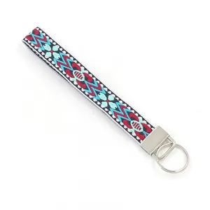 Ethnic bohemian embroidered wristlet keychain with colorful geometric weaving pattern
