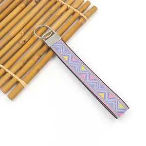 Dettaglio del portachiavi da polso ricamato in jacquard colorato con motivi geometrici