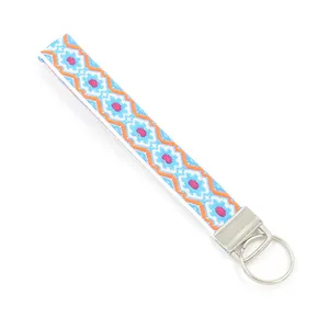 Close-up of geometric pattern on woven keychain wristlet with silver metal clip
