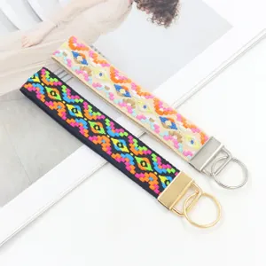 Close-up of woven ethnic wristlet keychains with colorful geometric embroidery