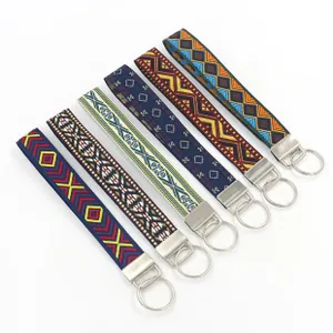 Detailed close-up of six ethnic geometric patterns on durable fabric wristlet keychains