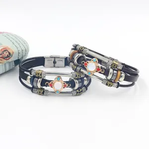 Bohemian multi-layer leather bracelet with turquoise cross pendant and stainless steel buckle