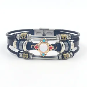 Ethnic multilayer leather bracelet with gemstone cross charm and stainless steel clasp