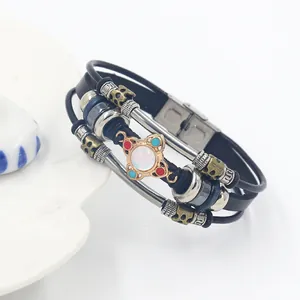 Ethnic multilayer black leather bracelet with vintage alloy beads and white gemstone