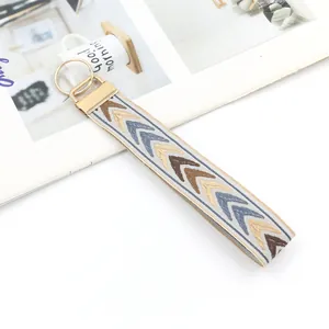 Detail of grey embroidered wristlet strap with geometric patterns and golden clasp