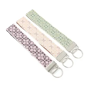 Bohemian Ethnic Embroidery Wristlet Keychain For Women Polyester Woven Strap Geometric Floral Pattern Alloy Metal Key Ring Bag Charm