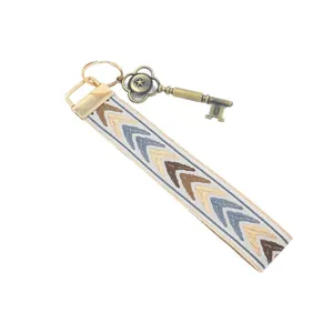 Bohemian embroidery wristlet keychain with leaf pattern and vintage key metal pendant