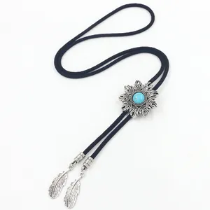 Vintage Western Cowboy Bolo Tie Sunflower Turquoise Pendant Alloy Feather Charms Braided Leather Rope Necklace For Men