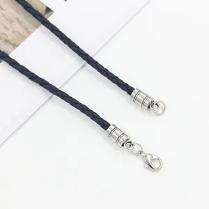 Men's retro braided black cord necklace with silver lobster clasp and metal ends